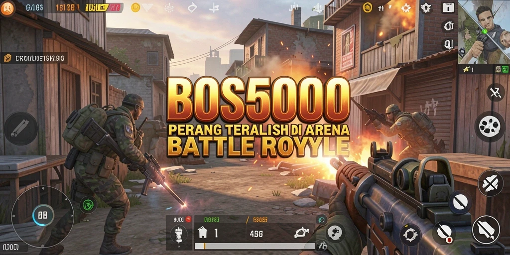 Gameplay BOS5000 menampilkan pertempuran seru di arena Battle Royale.