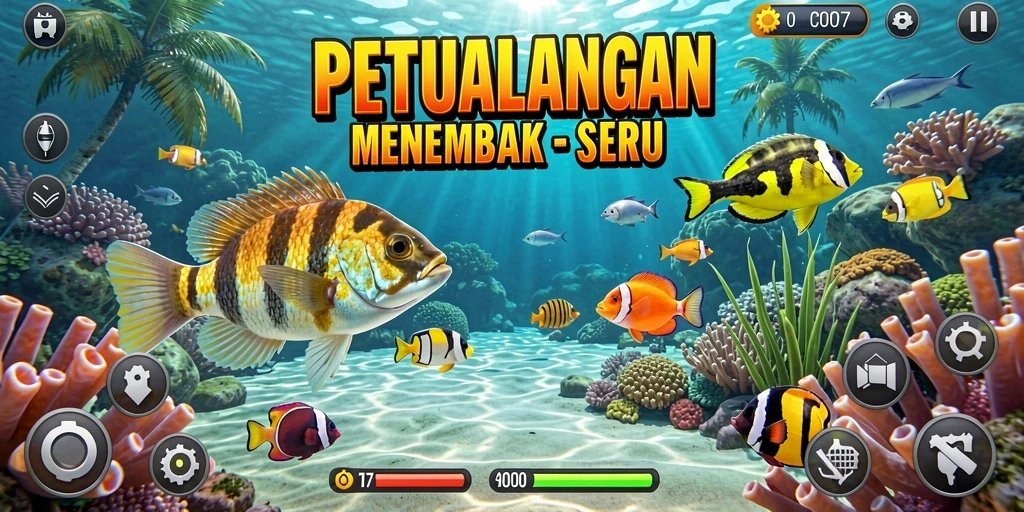 Tampilan gameplay seru dalam C0077 saat menembak ikan.