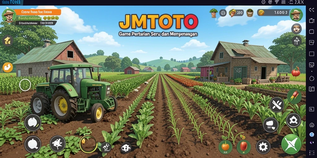 Screenshot gameplay JMTOTO menampilkan ladang subur dengan berbagai tanaman.