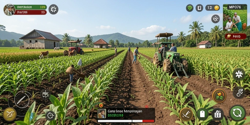Screenshot utama MPO76 menampilkan gameplay bertani yang menarik.