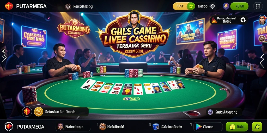 Tampilan seru gameplay PUTARMEGA dengan dealer live di meja kasino.