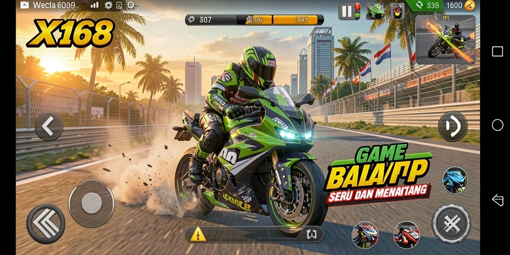 Screenshot gameplay X168 menunjukkan balapan motor yang mendebarkan.